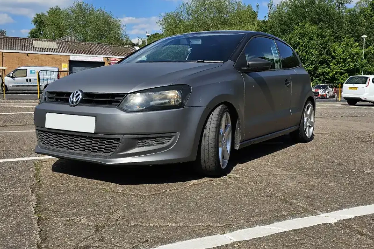 Front three-quarter view of VW Polo with matte metallic grey colour change wrap at Wrap Your Car Kidderminster