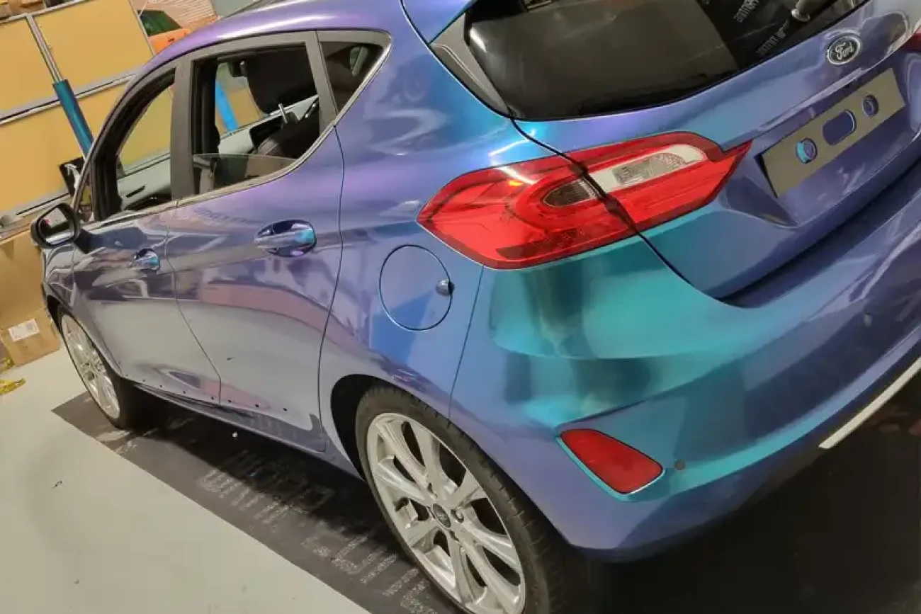 Rear three-quarter view of Ford Fiesta flip colour change wrap showing blue to purple colour shift at Wrap Your Car Kidderminster