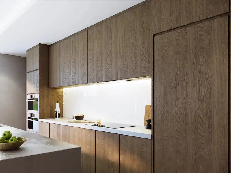 Kitchen units wrapped in wood-effect vinyl for interior furniture wrapping at Wrap Your Car Kidderminster