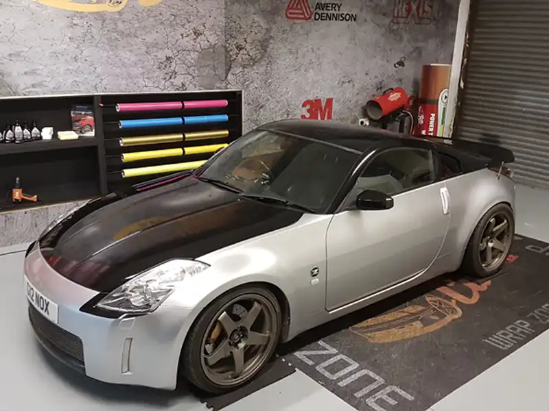Vinyl wrap applied to roof and bonnet on sports car at our Kidderminster workshop