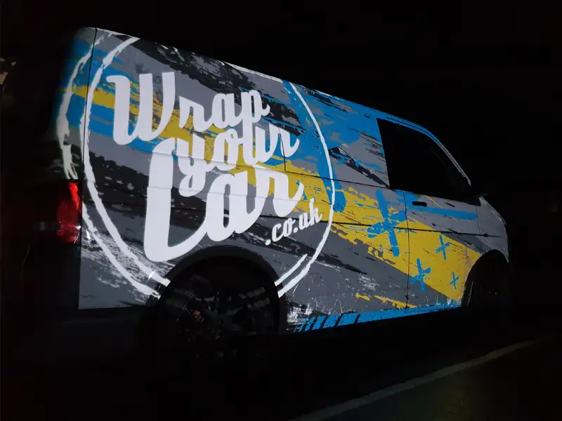 Reflective vehicle graphics on a commercial van for high visibility at night in Kidderminster